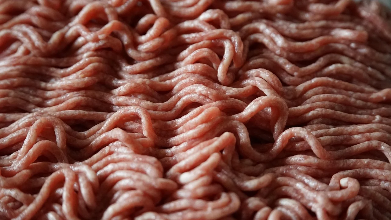 Carne bovina sendo moída em equipamento de açougue