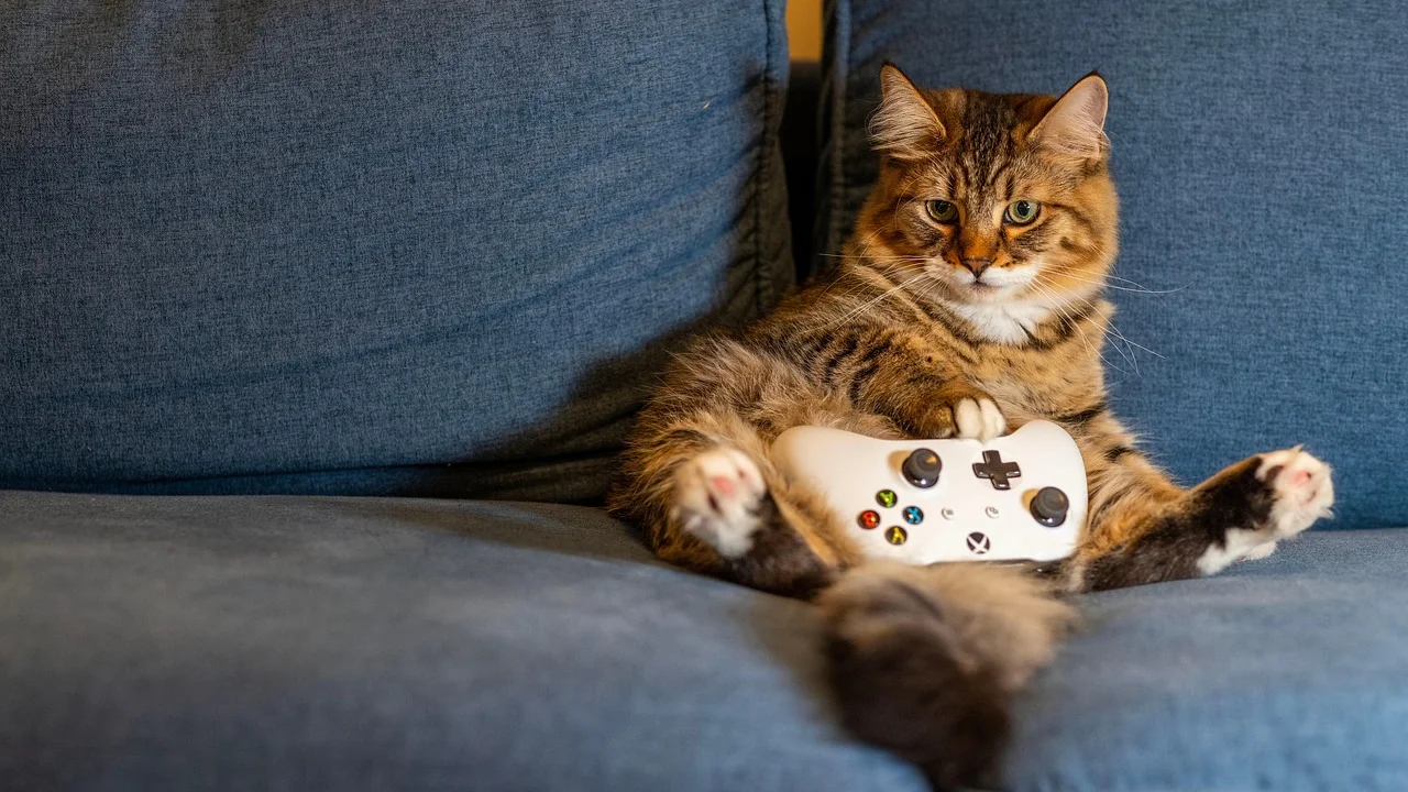 Controle de videogame ao lado de uma tela com interface colorida.