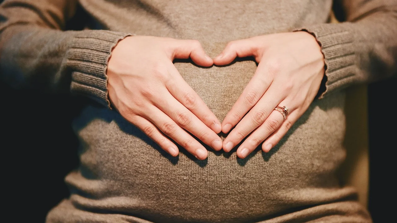 Gestante em consulta de pré-natal com profissional de saúde.