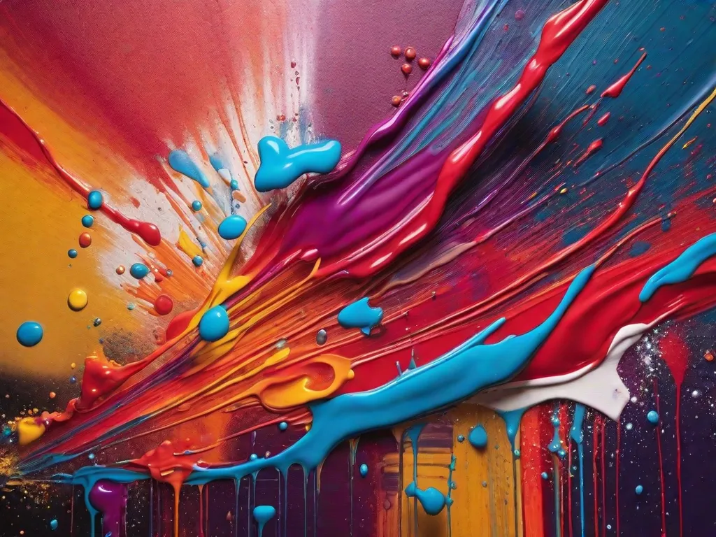 Descrição: Uma imagem de uma tela coberta por respingos e pingos vibrantes de tinta, exibindo a técnica de gotejamento. As cores se misturam e fluem, criando padrões abstratos e adicionando um elemento dinâmico e energético à obra de arte. A mão do artista pode ser vista no quadro, segurando um pincel, adicionando mais pingos à tela.