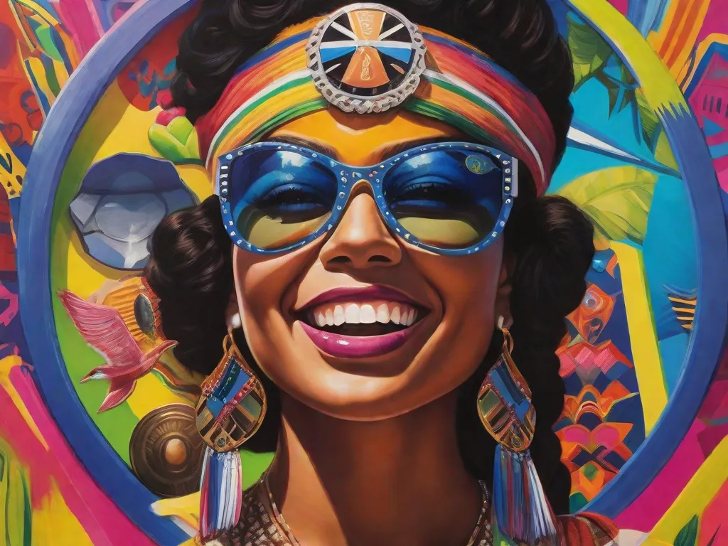 Descrição: Uma pintura vibrante e dinâmica que retrata a interpretação de um artista brasileiro de símbolos icônicos da cultura pop. Cores audaciosas e pinceladas enérgicas dão vida a personagens familiares de filmes, música e televisão, mesclando-os com elementos da cultura e folclore brasileiros. A obra de arte celebra a fusão da cultura pop global com a rica her