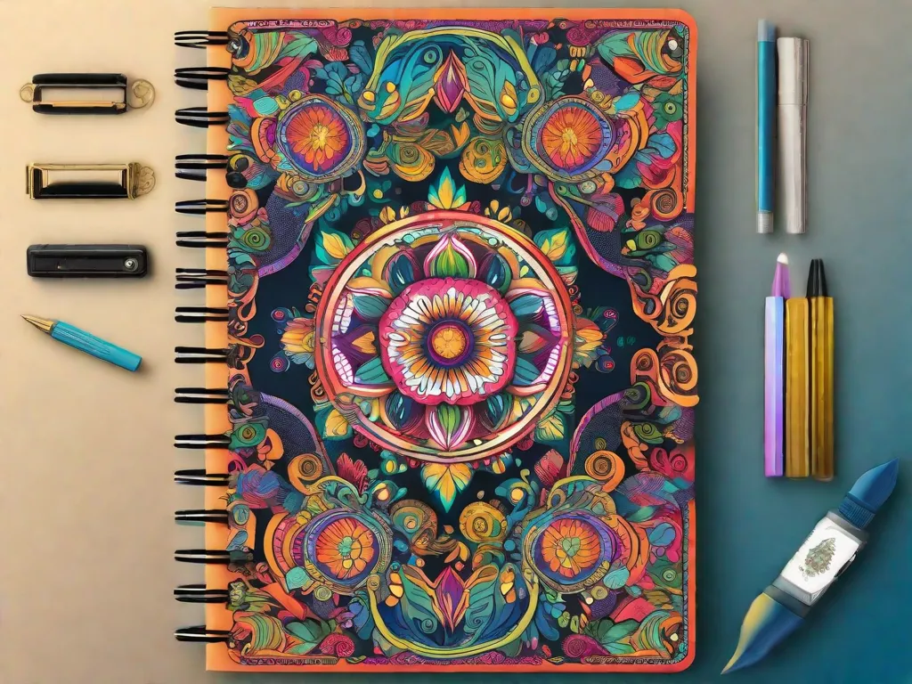 Descrição: Uma fotografia da capa de um caderno com um design vibrante e intrincado desenhado à mão. A arte inclui vários padrões, formas e cores, criando uma capa única e personalizada. O design destaca a criatividade e individualidade da pessoa que o personalizou.