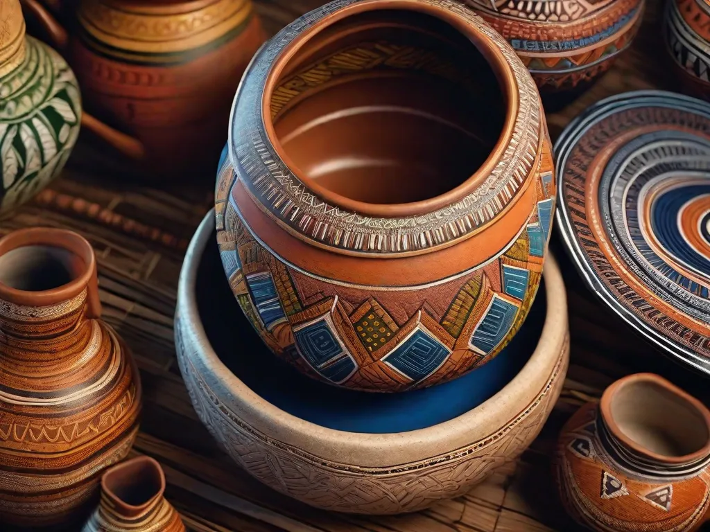 Uma imagem em close-up de uma cerâmica indígena brasileira lindamente artesanal, adornada com padrões intricados e cores vibrantes. A obra de arte representa a rica herança cultural das comunidades indígenas, exibindo suas habilidades artísticas e profunda conexão com a natureza.