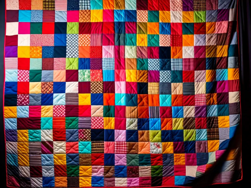Descrição: Um colorido patchwork feito de retalhos de tecido antigos, exibindo várias estampas e texturas. O quilt está dobrado de maneira organizada, com a luz do sol entrando pela janela e lançando sombras brincalhonas em sua superfície. Ele representa um projeto criativo e sustentável feito à mão, que reaproveita tecidos antigos em uma peça de arte acon