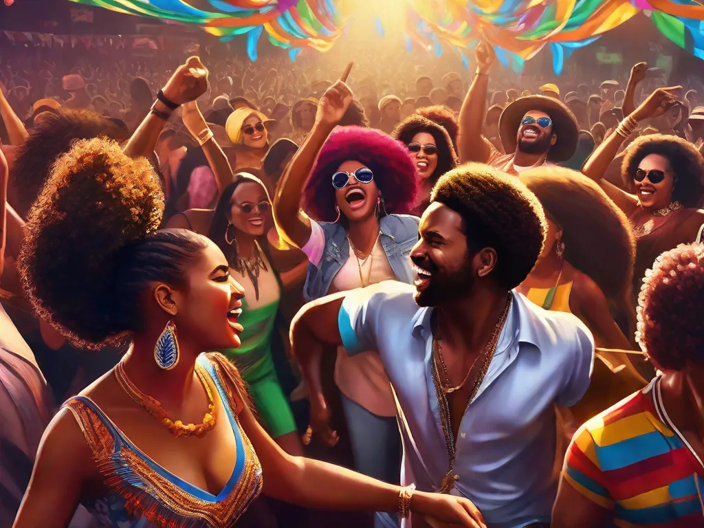 Uma imagem de uma multidão vibrante dançando ao ritmo contagiante da música soul e funk no Brasil. A foto captura a energia e paixão da jornada desse gênero, mostrando a fusão da cultura brasileira com os sons soulful que têm cativado o público em todo o país.