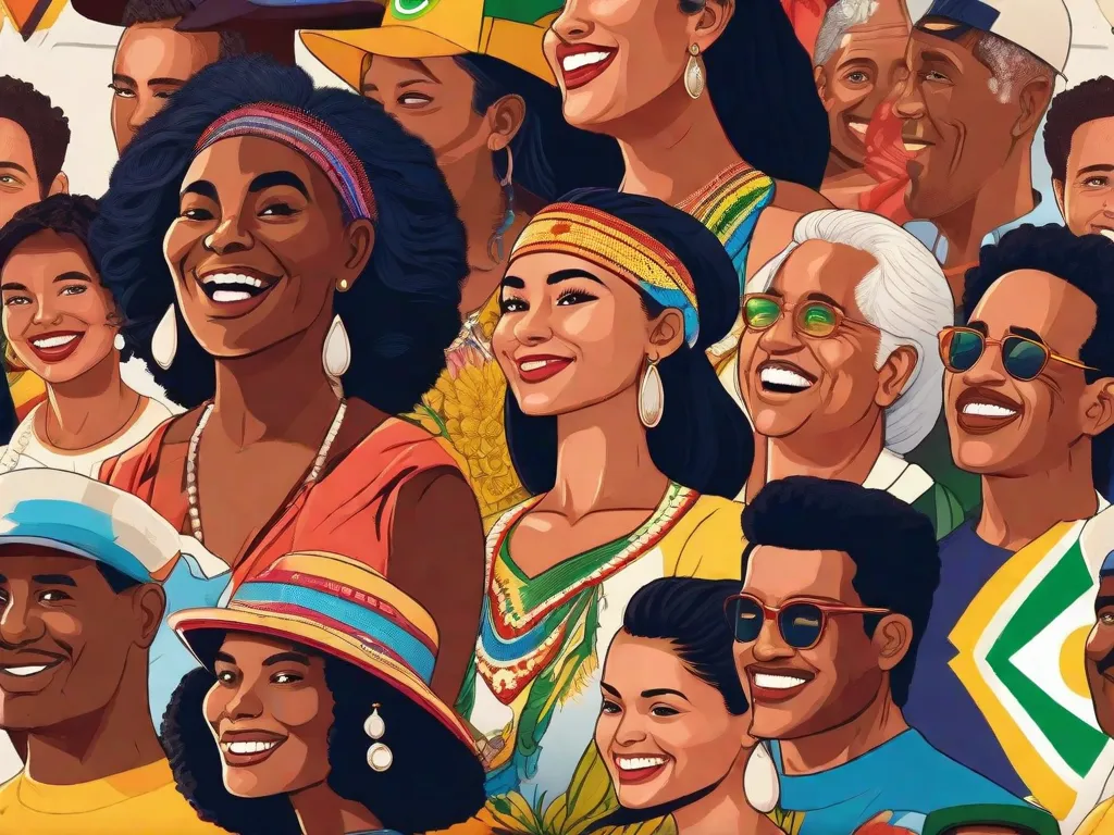 Uma imagem vibrante de um mapa colorido do Brasil, com várias bolhas de fala representando diferentes dialetos espalhados pelo país. Cada bolha de fala está preenchida com palavras e frases únicas daquele dialeto específico, mostrando a rica diversidade linguística e a importância de preservar essas variações regionais.