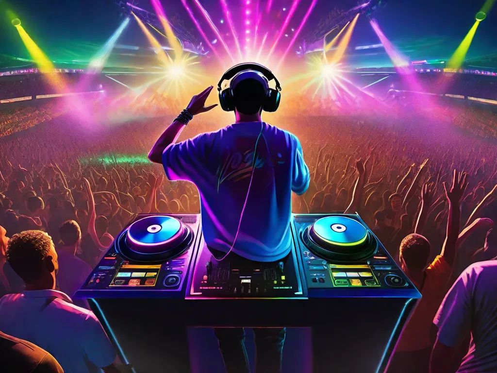Uma imagem vibrante de uma cabine de DJ em uma boate lotada, iluminada por luzes a laser coloridas, com uma multidão de animados festeiros dançando e agitando as mãos no ar. A imagem captura a energia e a empolgação da música eletrônica brasileira, mostrando seu apelo global.