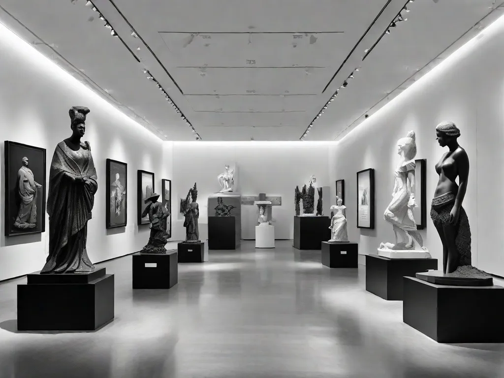 Uma fotografia em preto e branco de uma grande exposição de esculturas, mostrando a evolução da escultura brasileira ao longo dos anos. A imagem captura os detalhes intricados e os estilos diversos das esculturas, que vão desde as tradicionais até as contemporâneas, simbolizando a rica herança artística do Brasil.