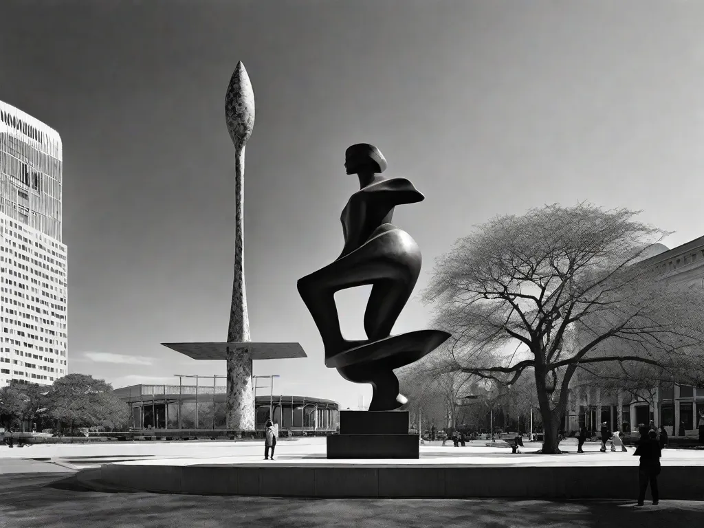 Uma fotografia em preto e branco de uma escultura de bronze maior do que a vida, erguida em uma praça pública. A escultura retrata uma figura humana com características abstratas e exageradas, mostrando a evolução da escultura brasileira de formas tradicionais para estilos mais contemporâneos e experimentais. O jogo de luz e sombras adiciona profundidade e dimensão à obra de arte,
