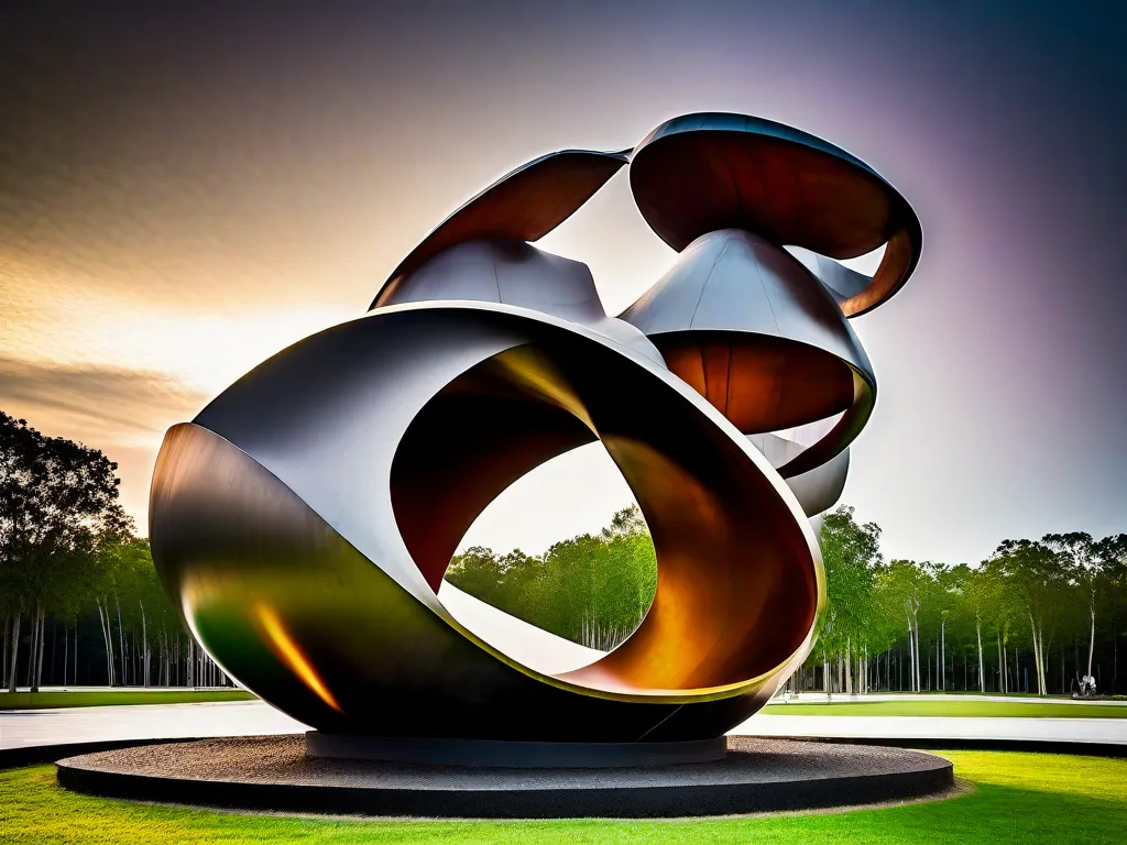 A imagem mostra uma escultura abstrata de metal, localizada em um parque natural. A escultura se integra perfeitamente ao ambiente, imitando as formas e texturas das árvores ao seu redor. A interação entre a escultura e a natureza cria uma sensação de harmonia e equilíbrio.