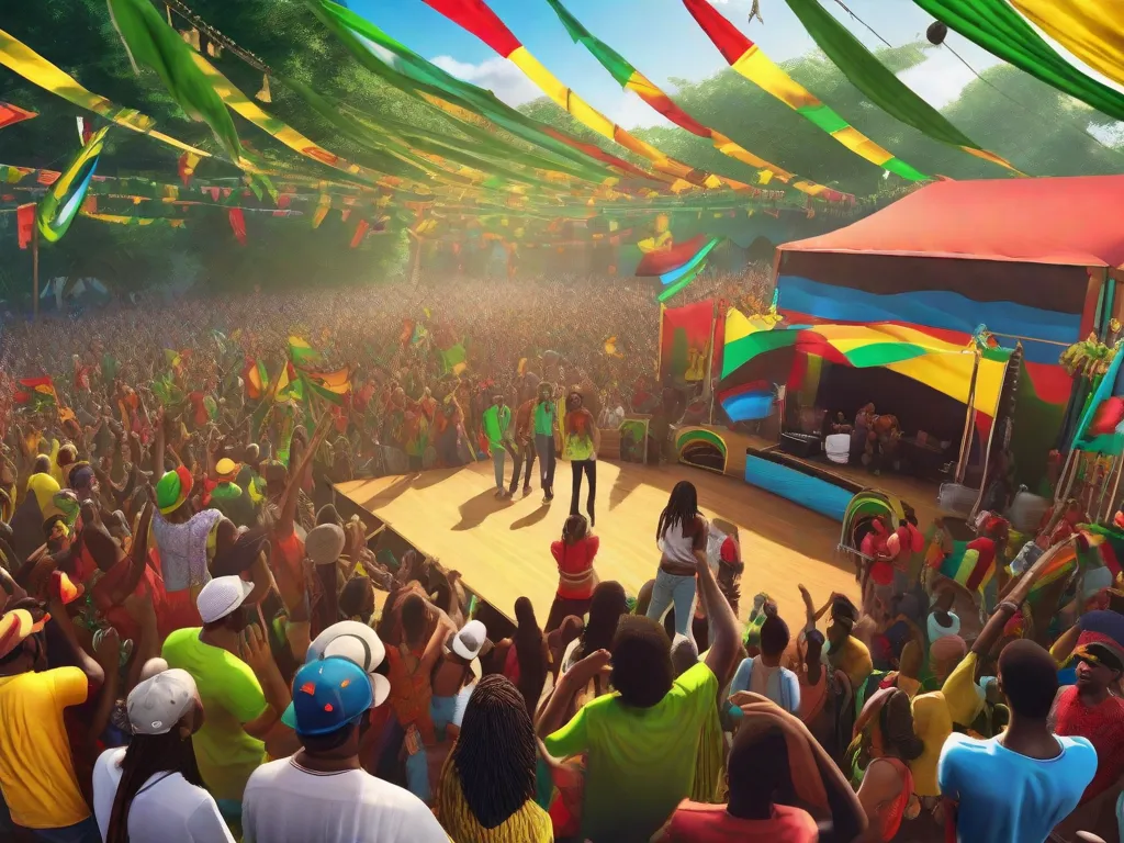 Descrição: Uma imagem vibrante de um show de reggae no Brasil, com o palco iluminado por luzes coloridas. A multidão está imersa na música, dançando e balançando no ritmo. O ambiente está cheio de positividade e união, à medida que pessoas de todas as origens se reúnem para celebrar a rica história do reggae no Brasil.