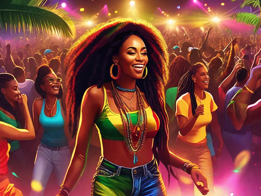 Uma imagem vibrante de uma multidão reunida em um festival de reggae no Brasil. O palco está iluminado com luzes coloridas, enquanto as pessoas dançam e balançam ao ritmo contagiante. O ar está cheio de alegria e união, já que a música reggae une pessoas de todos os estilos de vida em celebração.