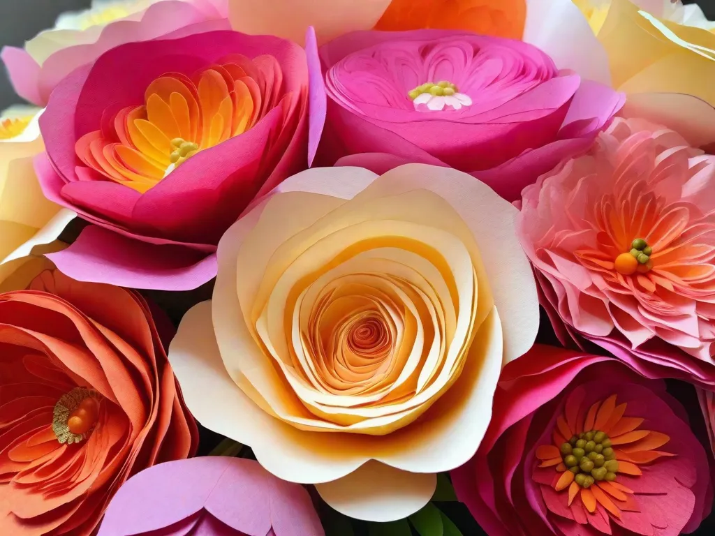 Tema: Técnicas de Arte com Papel Crepom

Descrição da Imagem: Um vibrante buquê de flores feito inteiramente de papel crepom. Cada flor é meticulosamente trabalhada com camadas de pétalas delicadas em diversos tons de rosa, laranja e amarelo. O buquê é arranjado em um vaso rústico, adicionando um toque de charme