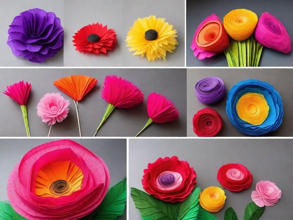 Tema: Técnicas para Usar Papel Crepom na Arte

Descrição da Imagem:
Um buquê vibrante e colorido de flores feitas inteiramente de delicado papel crepom. Cada flor é meticulosamente feita à mão, exibindo várias técnicas como torcer, franjar e sobrepor. O buquê irradia um senso de criatividade e arte, capturando a bele