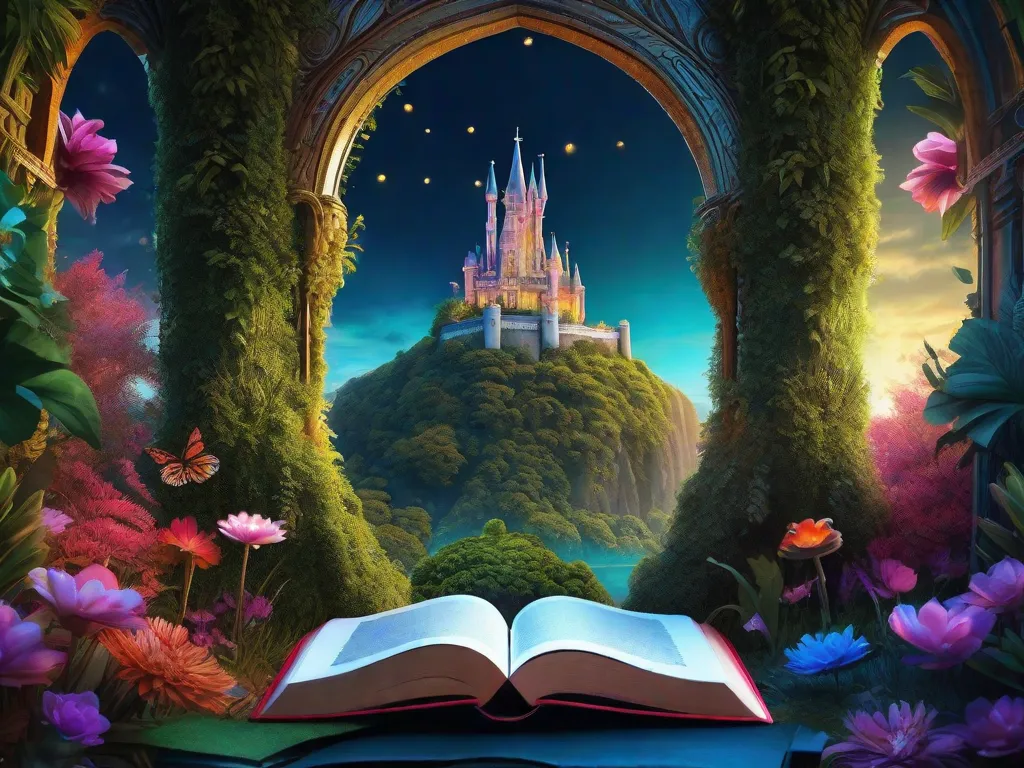 Uma floresta mística emerge das páginas de um livro, com cores vibrantes e criaturas imaginativas. Um castelo escondido se ergue ao longe, convidando os leitores a embarcarem em uma jornada pelo encantador mundo da literatura fantástica brasileira.