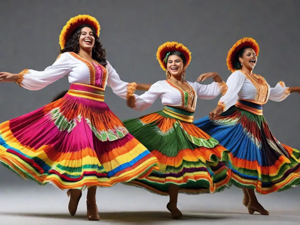 Uma imagem vibrante mostra um grupo de dançarinos vestidos com trajes tradicionais do folclore brasileiro, suas saias coloridas rodopiando enquanto eles se movem graciosamente ao ritmo da música. Os dançarinos exalam alegria e orgulho, incorporando a rica herança cultural das danças folclóricas do Brasil.