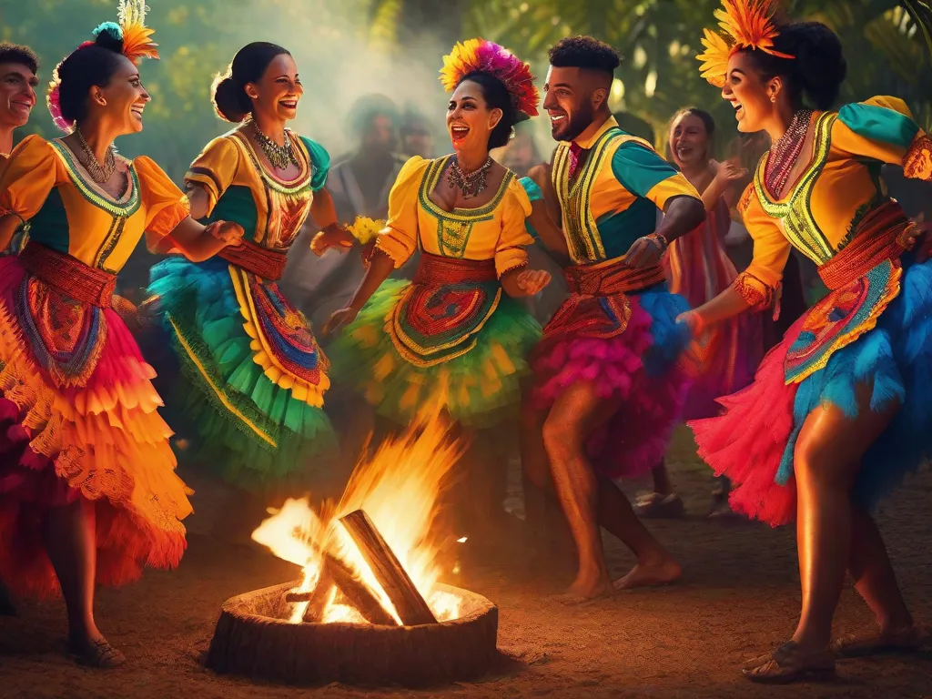 Uma imagem vibrante mostrando um grupo de adultos vestidos com coloridos trajes tradicionais do folclore brasileiro, envolvidos em uma animada dança ao redor de uma fogueira. Os detalhes intricados de suas vestimentas e as expressões alegres em seus rostos capturam a essência de preservar as ricas tradições do folclore brasileiro.