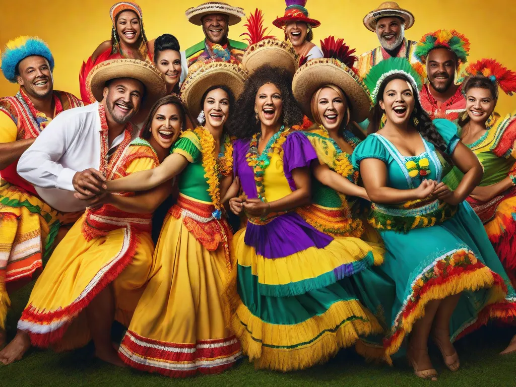 Uma imagem vibrante mostrando um grupo de adultos vestidos com trajes coloridos tradicionais do folclore brasileiro, envolvidos em uma dança animada ao redor de uma fogueira. A cena captura a essência da rica herança cultural e a importância de preservar as queridas tradições do folclore brasileiro.