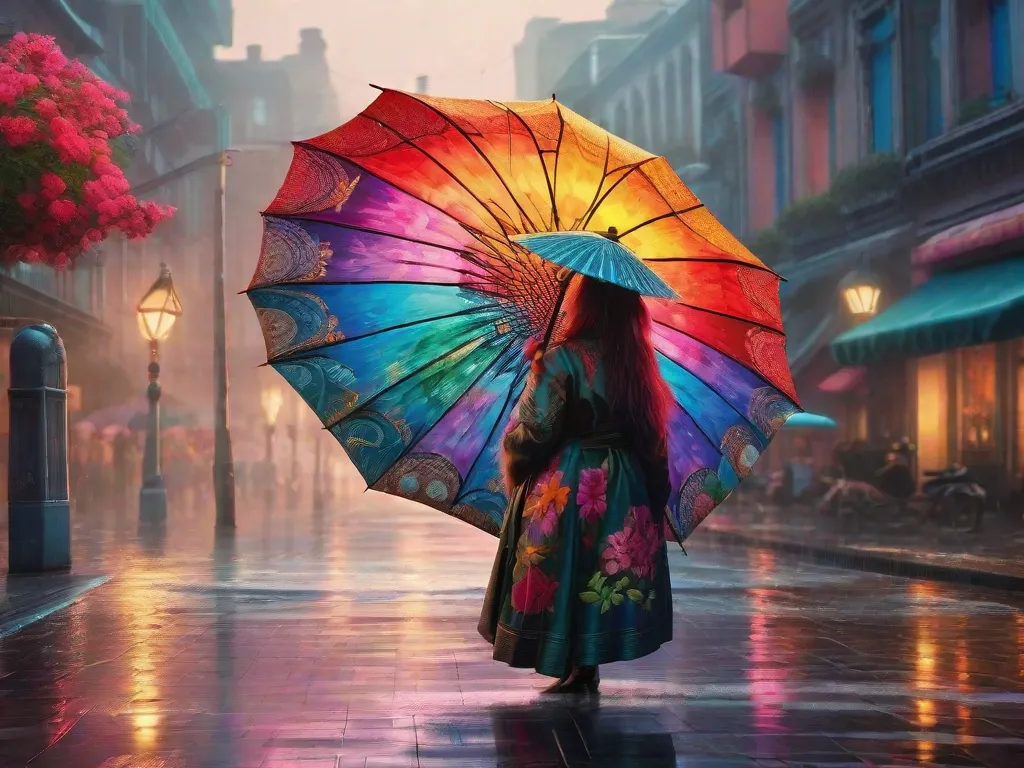 Descrição: Uma imagem em close-up de um guarda-chuva vibrante e colorido, exibindo desenhos intricados pintados à mão. O guarda-chuva é adornado com belas flores, padrões em espiral e formas abstratas, adicionando um toque artístico ao dia chuvoso.