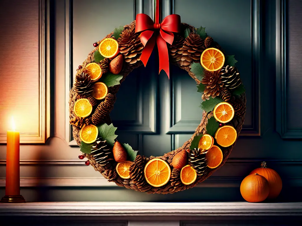 Descrição: Um projeto DIY festivo para o Natal, apresentando uma linda guirlanda decorada feita de fatias de laranja secas, pinhas e pauzinhos de canela. A guirlanda está pendurada em uma porta de madeira rústica, adicionando um toque de calor e espírito natalino a qualquer lar.