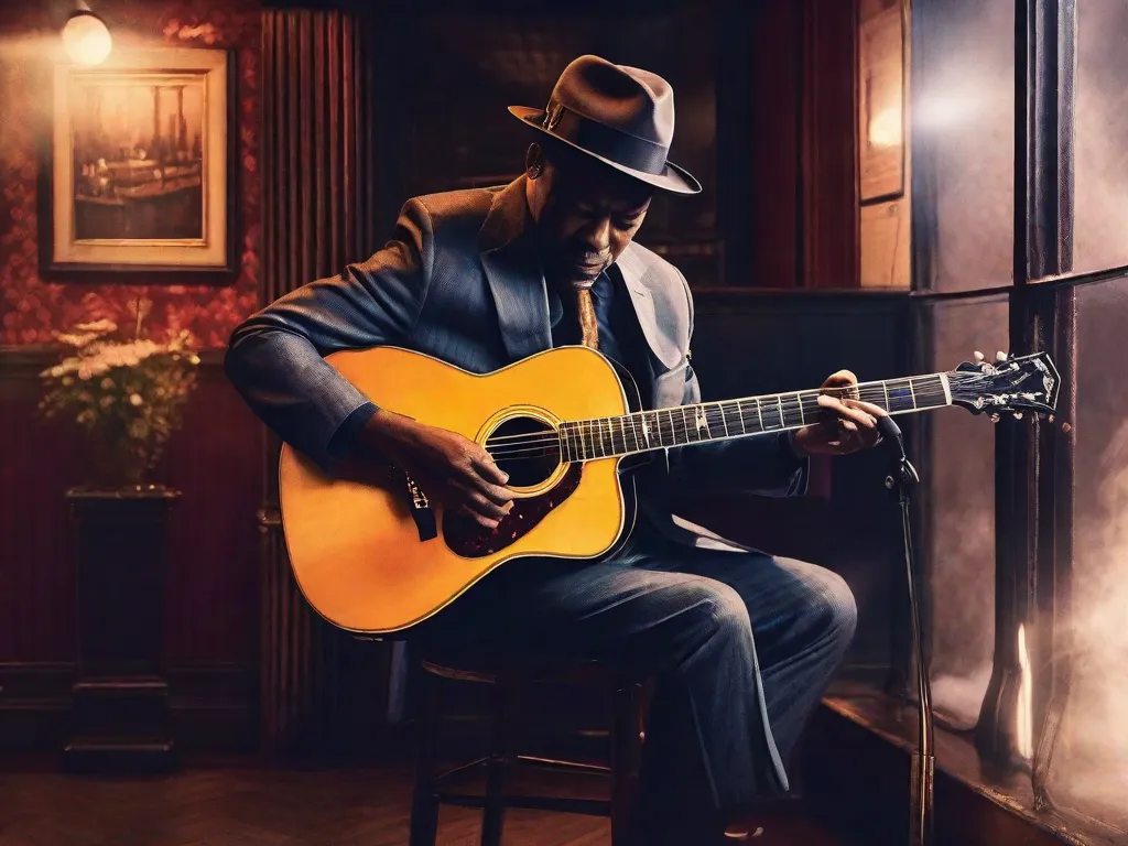 No clube de jazz levemente iluminado, um guitarrista solitário dedilha sua guitarra apaixonadamente, seus dedos dançando pelas cordas. A névoa enfumaçada envolve o palco enquanto as notas soulful do blues preenchem o ambiente, cativando a plateia e transportando-os para um mundo de emoção crua e narrativas musicais.