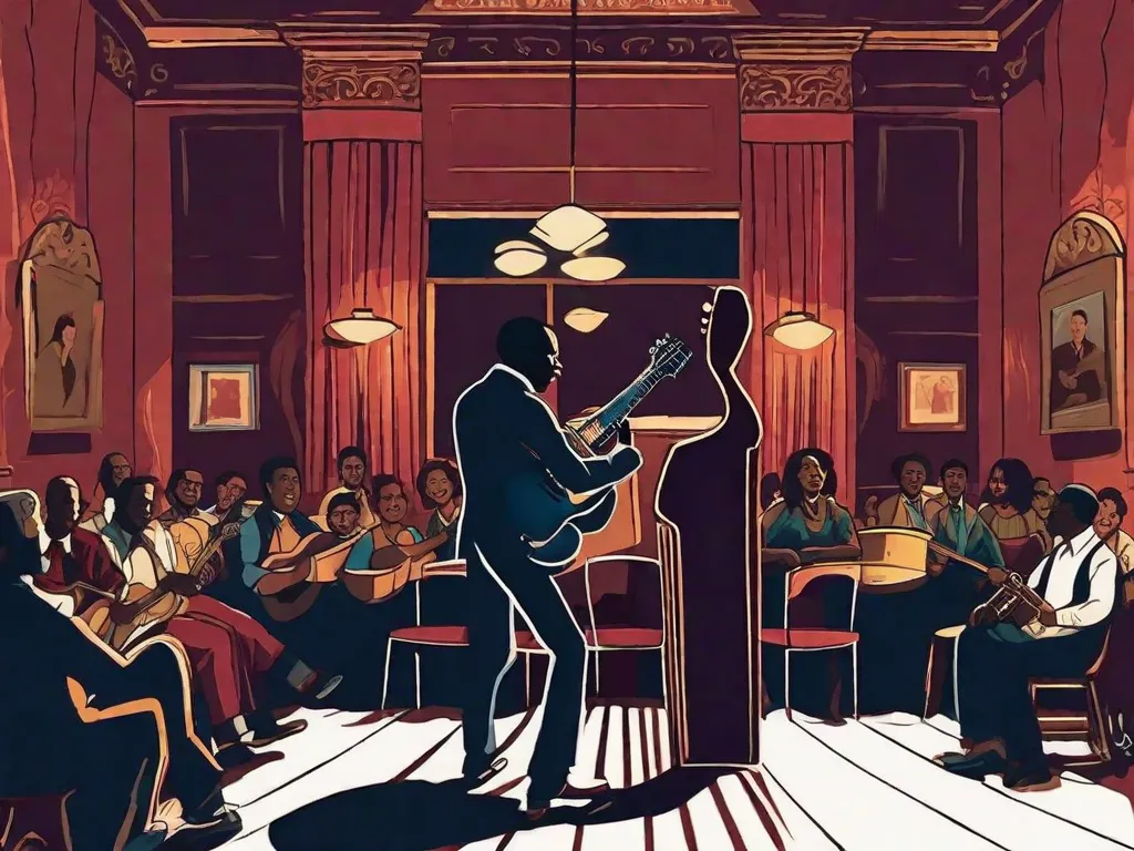 Na imagem, é retratado um clube de jazz pouco iluminado, com uma atmosfera enfumaçada e um palco iluminado por um único holofote. Um talentoso músico brasileiro de blues toca apaixonadamente o violão, derramando sua alma na música. A plateia está cativada, seus rostos refletindo uma mistura de emoções que vão desde a melancolia até a pura