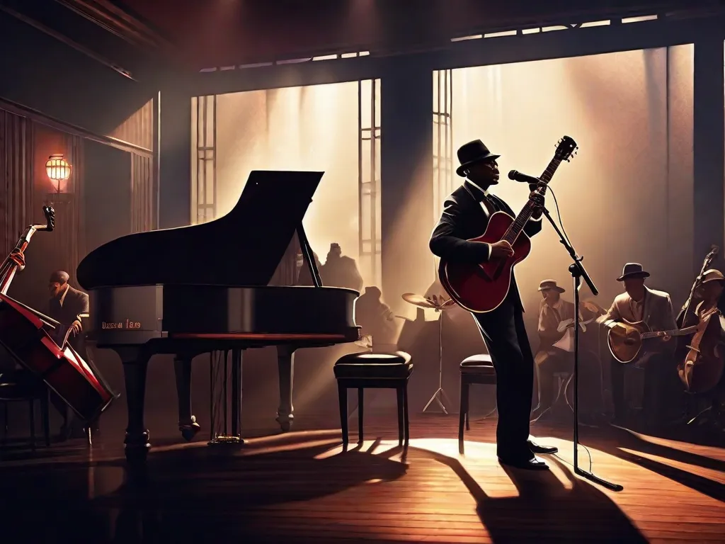 Na imagem, é retratado um clube de jazz pouco iluminado, com uma atmosfera enfumaçada e um palco iluminado por um único holofote. Um talentoso músico brasileiro de blues toca apaixonadamente o violão, derramando sua alma na música. A plateia está cativada, seus rostos refletindo uma mistura de emoções que vão desde a melancolia até a pura