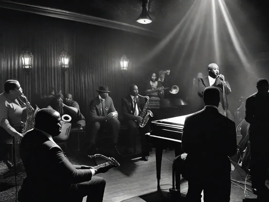 Descrição: Uma fotografia em preto e branco de um clube de jazz enfumaçado, com um pianista tocando um piano de cauda em primeiro plano. O ambiente, pouco iluminado, está cheio de pessoas, com seus rostos iluminados pelo caloroso brilho das luzes do palco. A imagem captura a energia vibrante e a importância cultural da música jazz em seus primeiros anos.