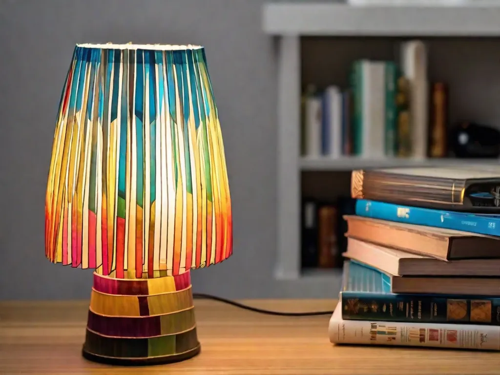 Uma imagem em close-up de uma lâmpada artística DIY feita de materiais reciclados, como garrafas de vidro coloridas ou potes de conserva. A lâmpada emite uma luz suave e quente, criando um ambiente aconchegante e criativo em qualquer cômodo.