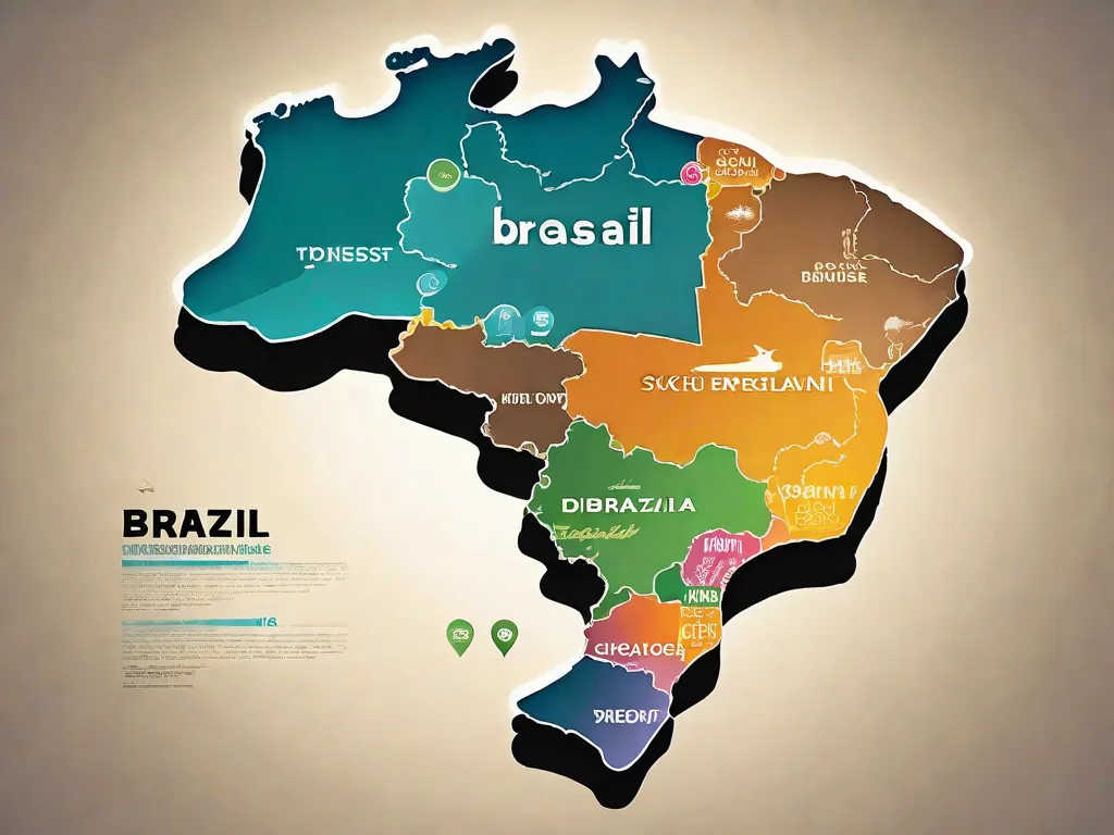 Uma imagem de um mapa colorido do Brasil, com várias nuvens de diálogo representando diferentes dialetos falados em todo o país. Cada nuvem de diálogo pode ter um padrão ou design único, simbolizando a diversidade e riqueza dos dialetos brasileiros.
