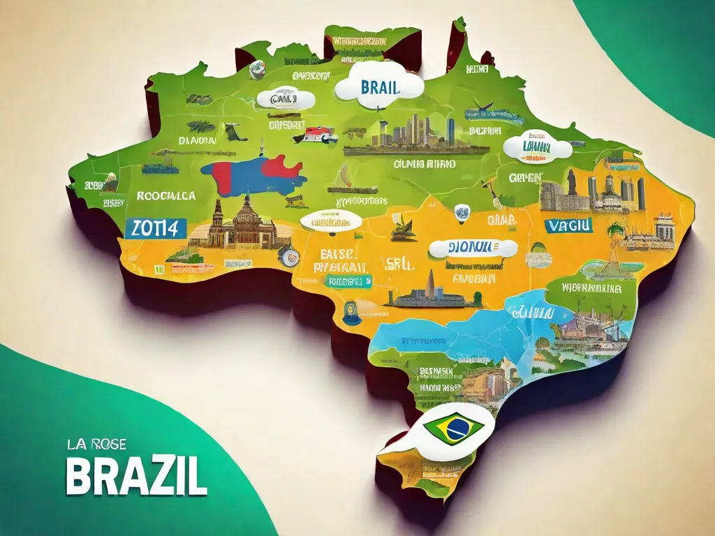 Uma imagem vibrante de um mapa colorido do Brasil, com várias bolhas de fala representando diferentes dialetos espalhados pelo país. Cada bolha de fala está preenchida com palavras e frases únicas daquele dialeto específico, mostrando a rica diversidade linguística e a importância de preservar essas variações regionais.