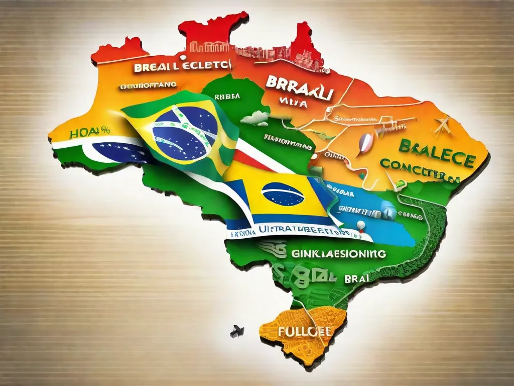 Uma imagem vibrante mostrando um mapa colorido do Brasil, com várias nuvens de diálogo representando diferentes dialetos falados em todo o país. Cada nuvem contém palavras e frases únicas, simbolizando a rica diversidade linguística e a importância de preservar esses dialetos brasileiros.
