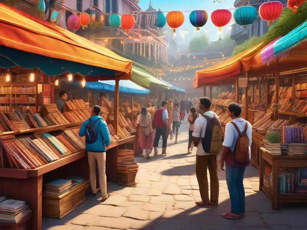 Na imagem, é retratado um vibrante mercado, com uma variedade de livros artesanais coloridos expostos em barracas de madeira. Os livros, conhecidos como 