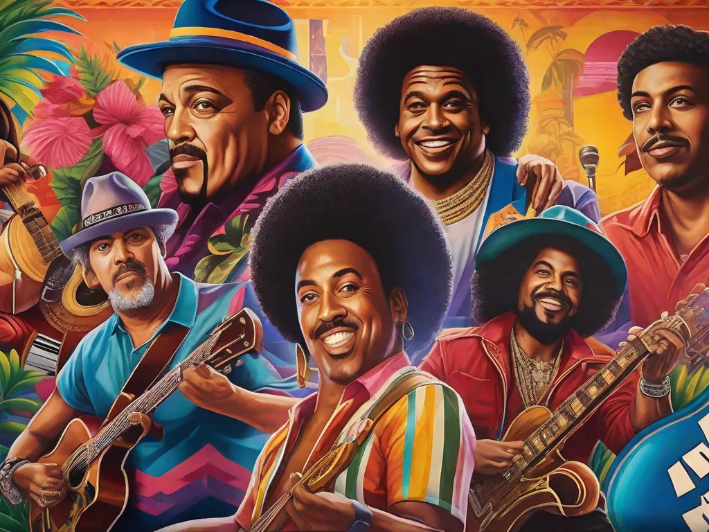 Um mural vibrante retratando músicos, atores e personagens icônicos da cultura popular brasileira. A obra de arte mostra a fusão de estilos tradicionais da arte brasileira com referências contemporâneas da cultura pop, destacando a influência da cultura popular na arte brasileira. As cores e a energia do mural refletem a natureza dinâmica desse intercâmbio cultural.