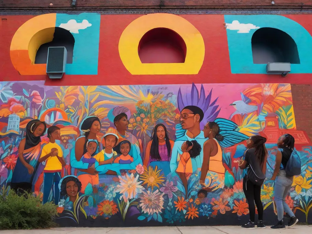 Descrição da imagem: Um mural vibrante e colorido em uma parede da cidade retrata um grupo de pessoas reunidas, envolvidas na leitura e discussão de poesia. Seus rostos refletem um senso de inspiração e empoderamento, à medida que as palavras dos poemas parecem acender sua paixão por mudanças políticas. O mural serve como uma representação visual de como a poesia pode
