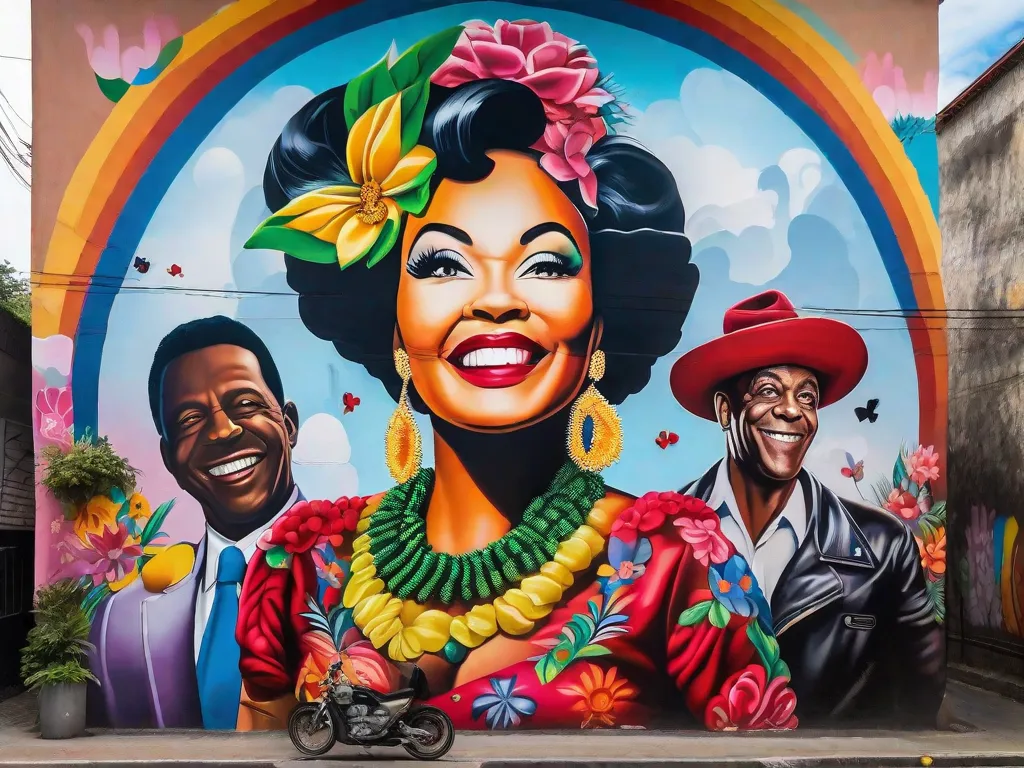 Uma imagem de um vibrante mural nas ruas de São Paulo, Brasil, retratando personagens icônicos da cultura pop brasileira, como Carmen Miranda e Pelé, ao lado de ícones globais como Batman e Mickey Mouse. A fusão de influências locais e internacionais mostra o impacto da cultura pop na arte brasileira.