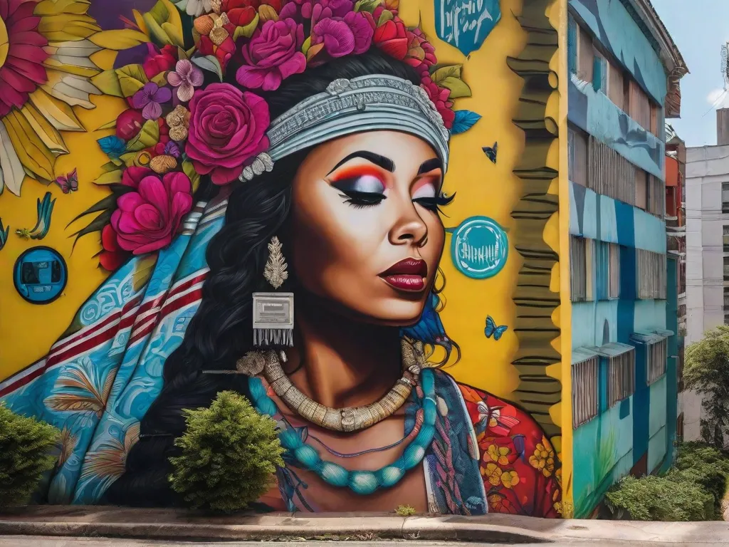 Descrição: Uma pintura vibrante e dinâmica que retrata a interpretação de um artista brasileiro de símbolos icônicos da cultura pop. Cores audaciosas e pinceladas enérgicas dão vida a personagens familiares de filmes, música e televisão, mesclando-os com elementos da cultura e folclore brasileiros. A obra de arte celebra a fusão da cultura pop global com a rica her