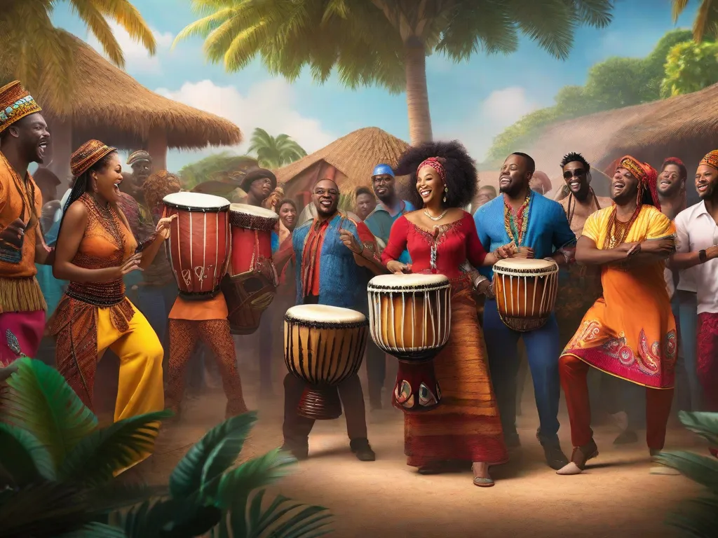 Uma imagem vibrante de um grupo de músicos tocando instrumentos tradicionais africanos, como tambores djembe e kora, cercados por uma multidão diversa de pessoas dançando e cantando. Os trajes coloridos e os movimentos energéticos capturam a profunda conexão entre a música africana e a cultura brasileira.