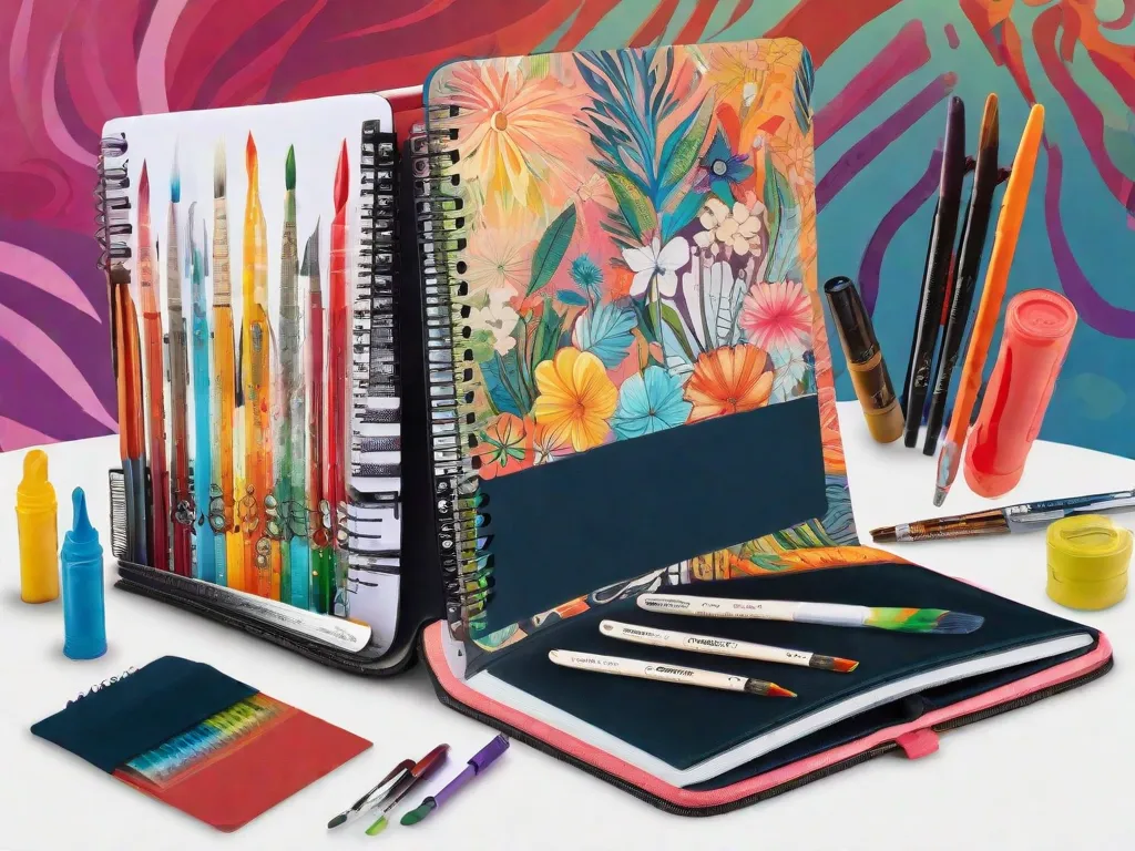 Descrição: Uma imagem em close-up da capa de um caderno adornada com uma arte vibrante e intricada. A capa apresenta uma mistura de cores, padrões e ilustrações que foram cuidadosamente pintadas à mão ou projetadas digitalmente. A arte reflete o estilo único e a criatividade do indivíduo, tornando o caderno verdadeiramente personalizado e visualmente cativante.