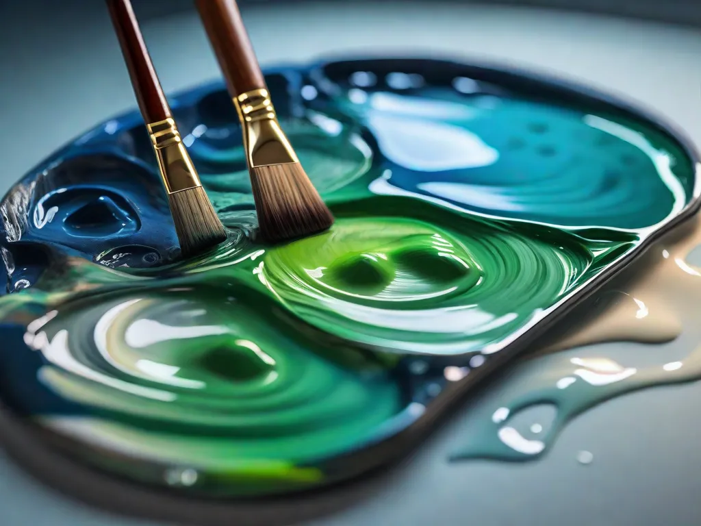 Descrição: Uma imagem em close-up de uma paleta de um artista com várias tonalidades de tinta azul e verde. O pincel do artista está delicadamente misturando as cores, criando uma mistura hipnotizante que imita a fluidez e transparência da água. A imagem captura a habilidade do artista em capturar o realismo da água através de suas pinceladas.