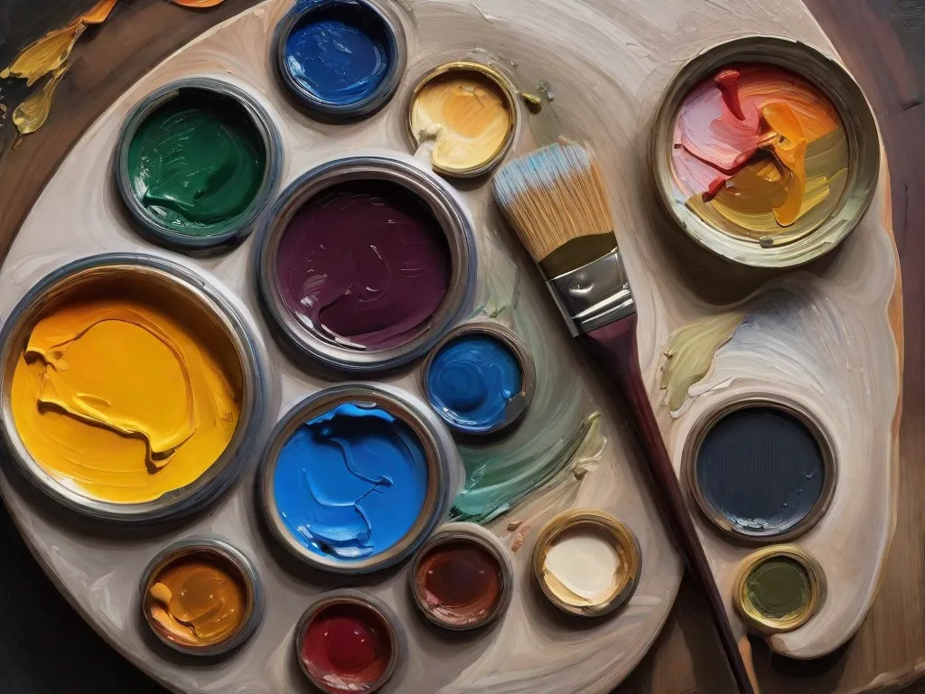 Descrição da imagem: Uma fotografia em close-up de uma paleta de artista com vários tubos de tinta a óleo espremidos sobre ela. As cores variam de vermelhos e amarelos vibrantes a azuis profundos e verdes. A paleta do artista está coberta por misturas coloridas de tinta, mostrando o processo de misturar diferentes cores de tinta a óleo para obter tons realistas.