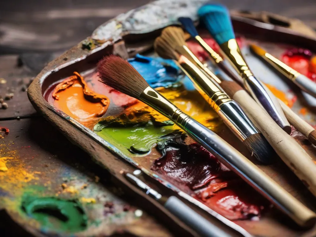 Descrição da imagem: Um close-up de uma paleta de pintor com cores vibrantes de tinta a óleo. A paleta está cercada por diferentes pincéis e tubos de tinta, mostrando as ferramentas usadas na pintura a óleo. Essa imagem representa o cuidado e a preservação das pinturas a óleo ao longo do tempo.
