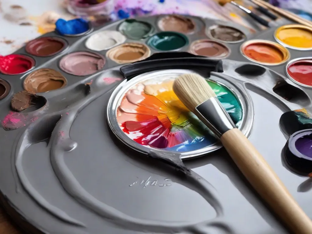 Descrição: Uma imagem de uma paleta de um artista com cores vibrantes de tinta a óleo misturadas. As cores estão cuidadosamente mescladas, criando um gradiente harmonioso de tons. Os pincéis do artista e uma tela em branco estão próximos, prontos para dar vida a esses tons realistas em uma bela pintura.