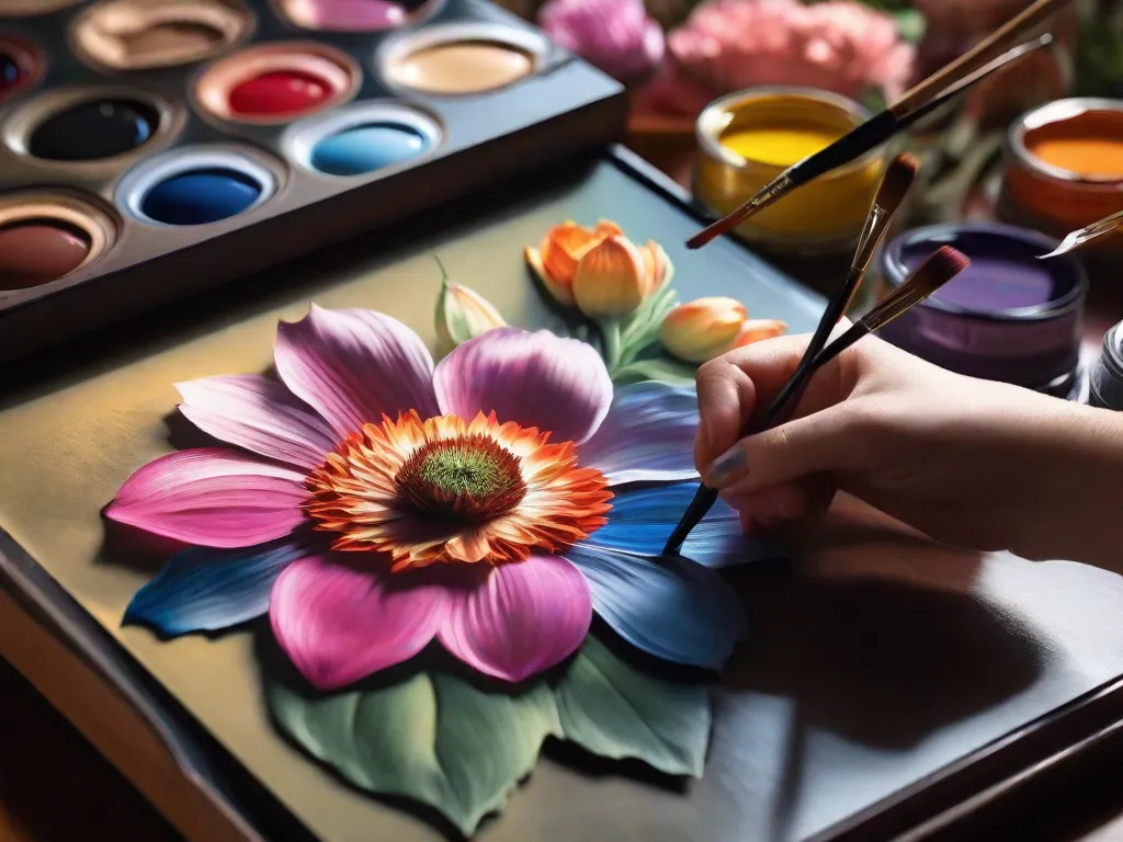 Descrição: Uma imagem de uma paleta de um artista com uma variedade de tons escuros e claros de tinta. O pincel do artista está delicadamente adicionando sombras a uma pintura vibrante de flores, criando um contraste e profundidade impressionantes. O foco está na mão do artista e nos detalhes intrincados das sombras sendo cuidadosamente aplicadas.