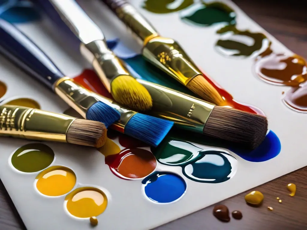 Descrição da imagem: Uma paleta de artista com vários tubos de tinta a óleo espremidos sobre ela. As cores variam de azuis e verdes vibrantes a amarelos quentes e marrons terrosos. O pincel do artista está misturando as cores juntas, criando uma harmoniosa combinação de tons que dará vida e realismo à sua obra de arte.