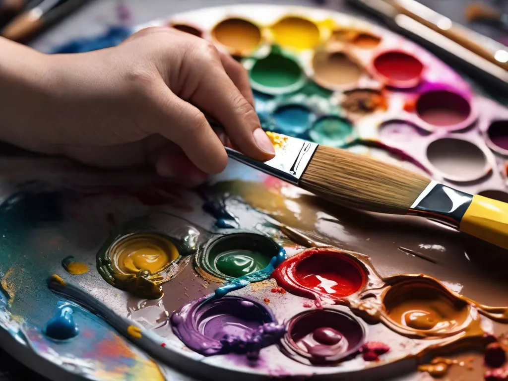Descrição: Uma imagem de uma paleta de pintura com várias cores e um pincel. A paleta está bagunçada, com respingos de tinta e cores misturadas. O pincel é segurado de forma desajeitada, mostrando a inexperiência de um pintor iniciante.