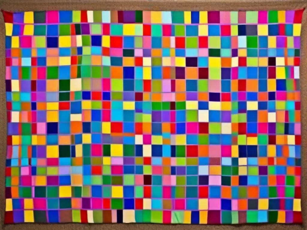 Descrição: Uma imagem de um colorido patchwork feito de retalhos de tecido antigo. Os padrões vibrantes e texturas criam uma peça de arte visualmente atraente e ecologicamente correta. O quilt mostra a criatividade e a habilidade de projetos faça você mesmo que reaproveitam tecidos antigos em itens bonitos e funcionais.