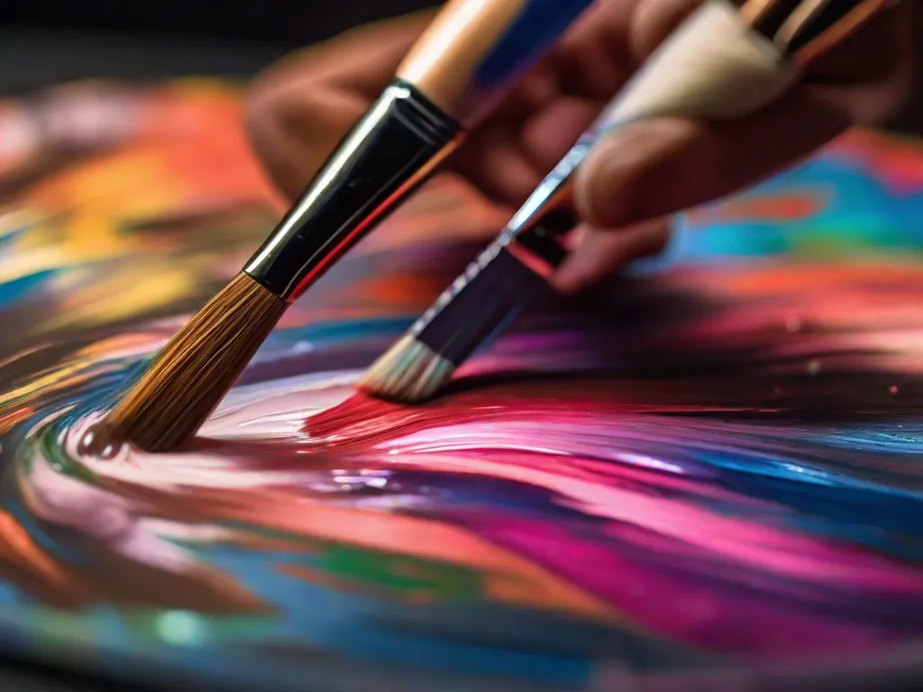 Descrição: Uma imagem em close-up da mão de um artista segurando um pincel, aplicando delicadamente pinceladas vibrantes de cor em uma tela. O intenso foco do artista e o movimento dinâmico do pincel capturam a essência de criar retratos expressivos.