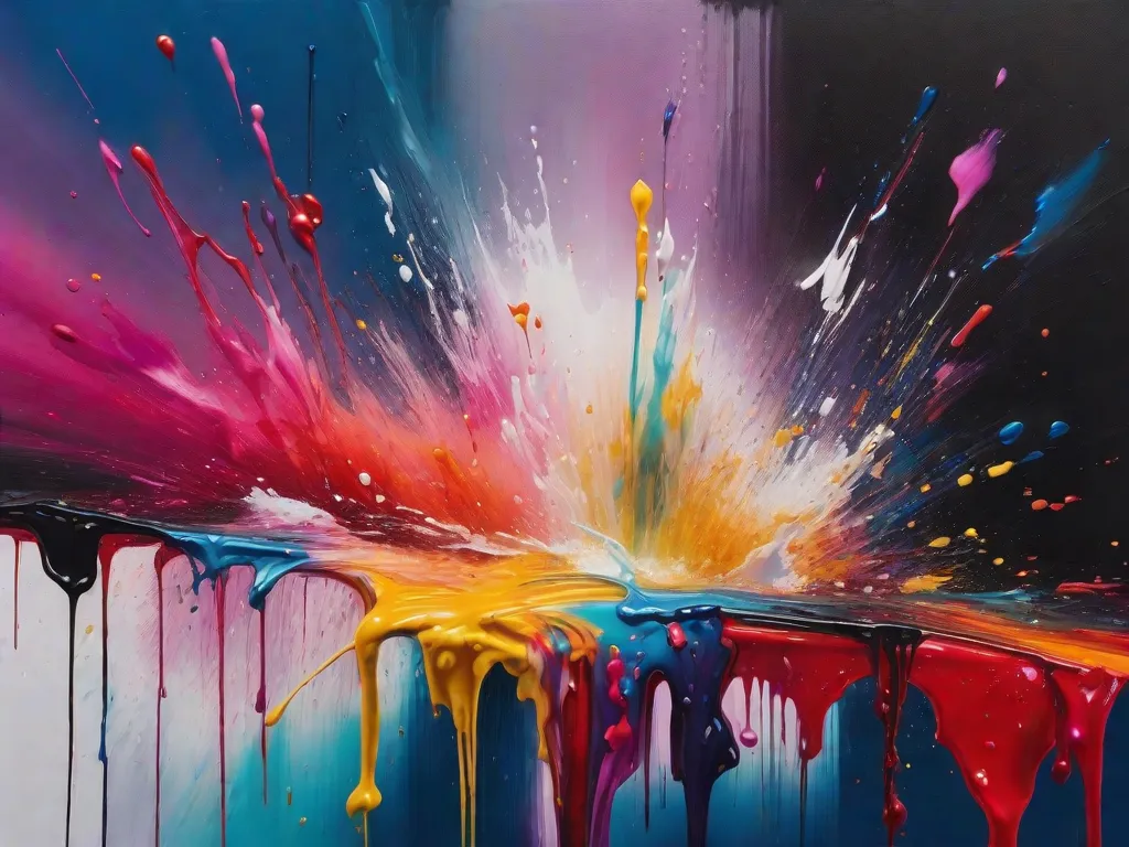 Descrição:
Uma pintura abstrata é mostrada, com cores vibrantes e pinceladas ousadas. A tinta parece estar escorrendo pela tela, criando um efeito dinâmico e energético. A técnica de gotejamento é utilizada para adicionar camadas de textura e movimento à obra de arte, resultando em uma peça visualmente cativante.