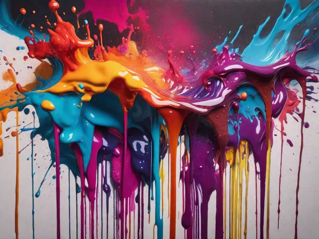 Descrição: Uma imagem de uma tela coberta por respingos e pingos vibrantes de tinta, exibindo a técnica de gotejamento. As cores se misturam e fluem, criando padrões abstratos e adicionando um elemento dinâmico e energético à obra de arte. A mão do artista pode ser vista no quadro, segurando um pincel, adicionando mais pingos à tela.